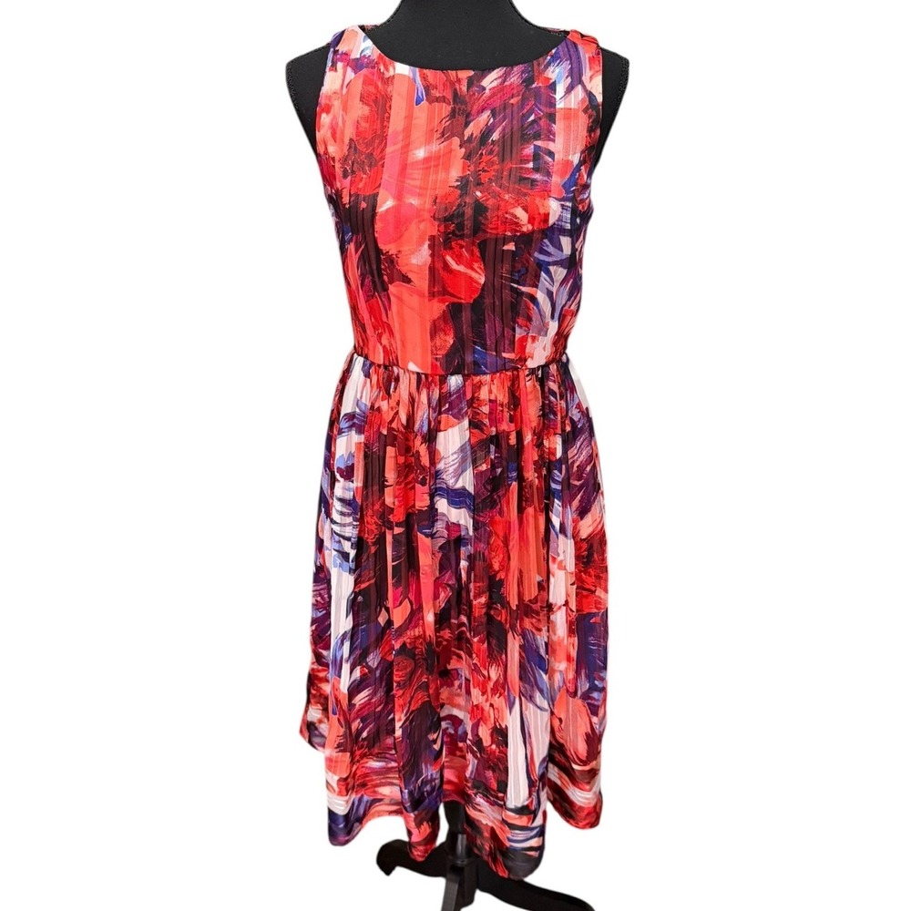 Luxe by Carmen Marc Valvo Red Abstract Floral Pleated‎ Fit Flare Dress Womens 4